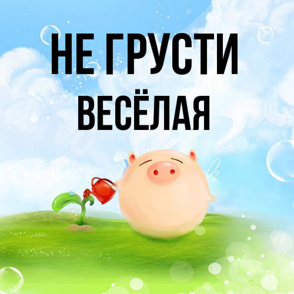 Открытка на каждый день с именем, Весёлая Не грусти поливает цветок порося Прикольная открытка с пожеланием онлайн скачать бесплатно 