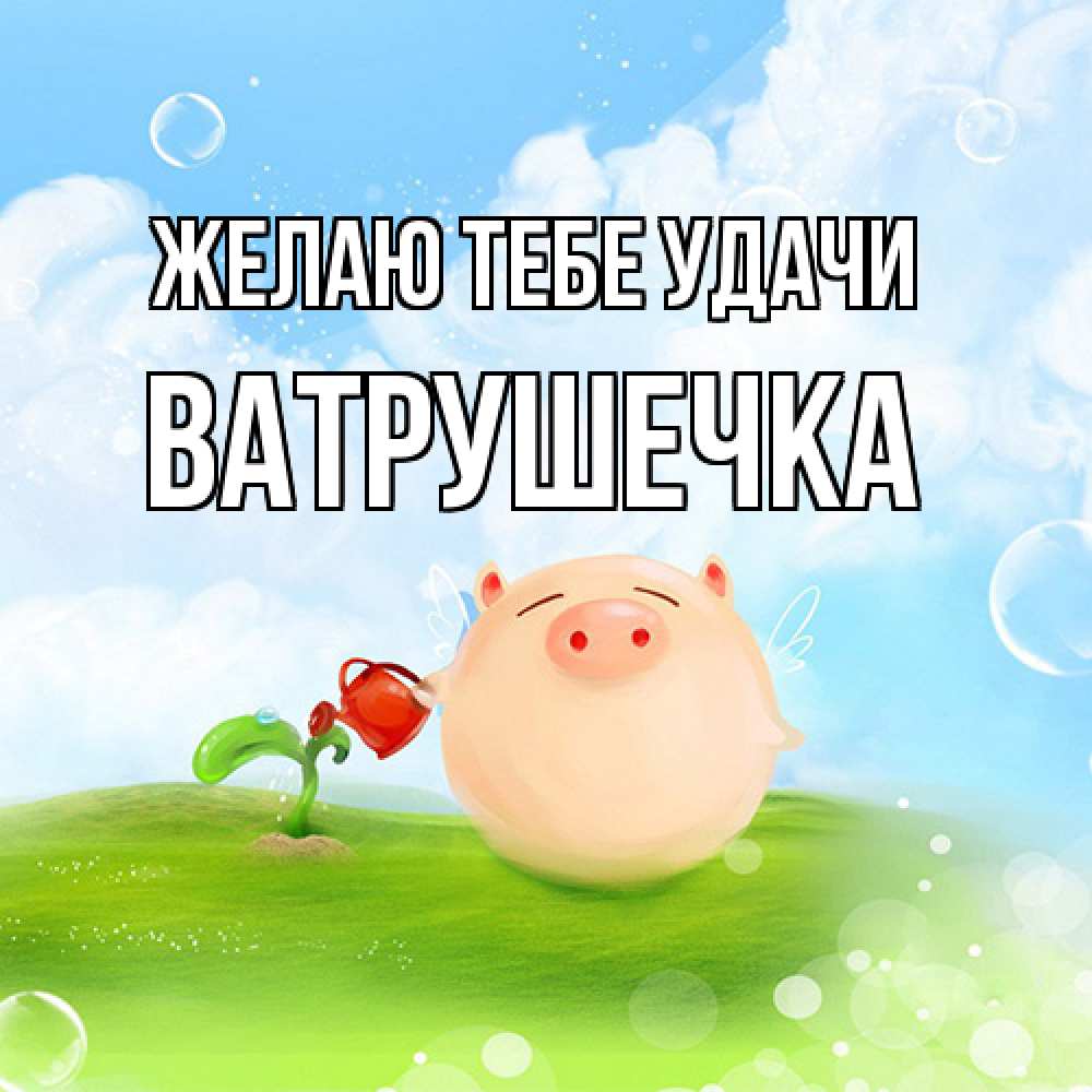 Открытка на каждый день с именем, ватрушечка Желаю тебе удачи поросенок поливает цветок. летнее настроение Прикольная открытка с пожеланием онлайн скачать бесплатно 