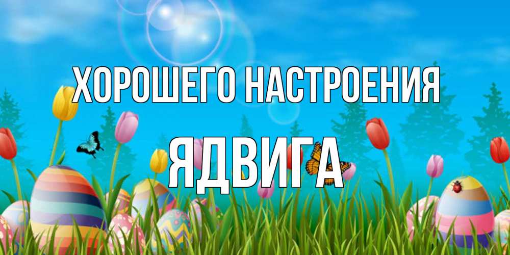 Открытка на каждый день с именем, Ядвига Хорошего настроения небо и тюльпаны с бабочкой Прикольная открытка с пожеланием онлайн скачать бесплатно 