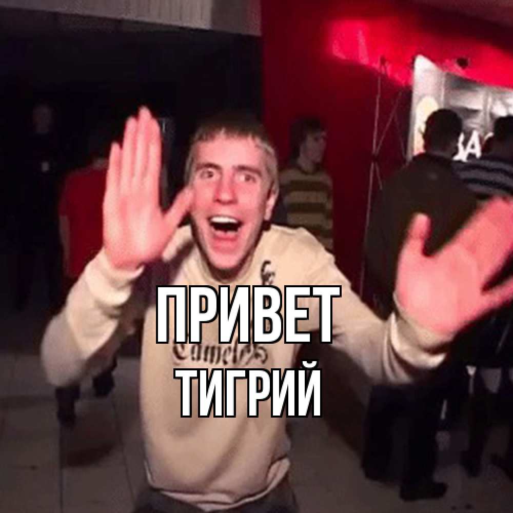 Открытка на каждый день с именем, Тигрий Привет танец и руки Прикольная открытка с пожеланием онлайн скачать бесплатно 