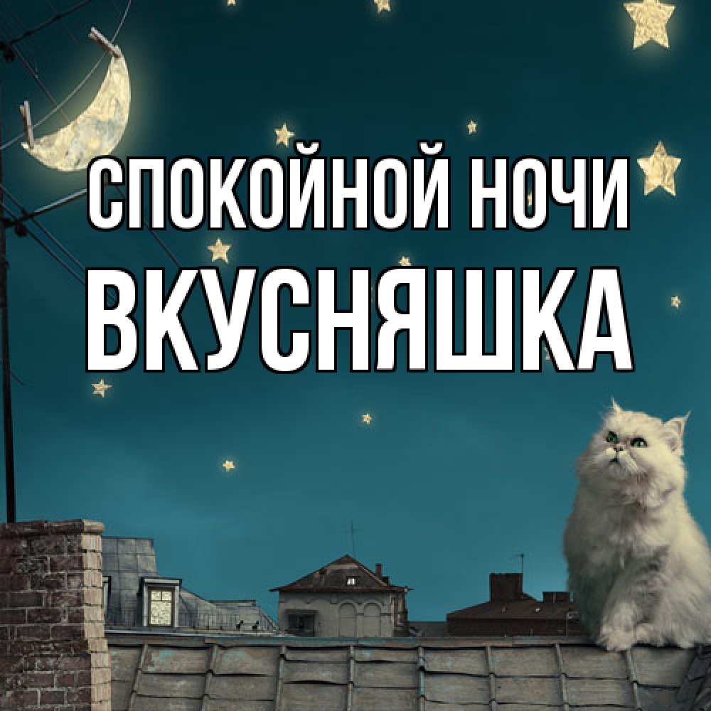 Открытка на каждый день с именем, Вкусняшка Спокойной ночи белый кот сидит на крыше Прикольная открытка с пожеланием онлайн скачать бесплатно 