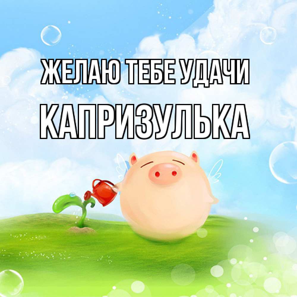 Открытка на каждый день с именем, капризулька Желаю тебе удачи поросенок поливает цветок. летнее настроение Прикольная открытка с пожеланием онлайн скачать бесплатно 