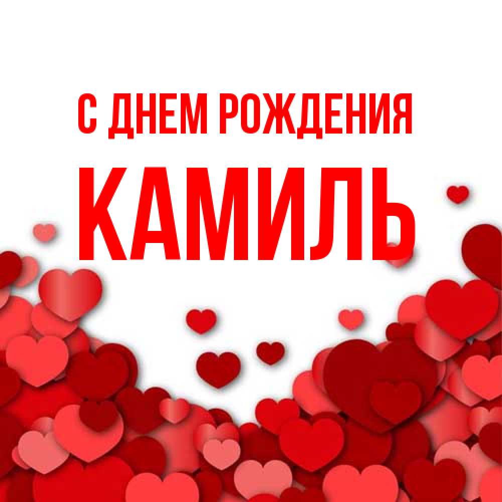 Открытка на каждый день с именем, Камиль С днем рождения много красных сердечек о любви Прикольная открытка с пожеланием онлайн скачать бесплатно 