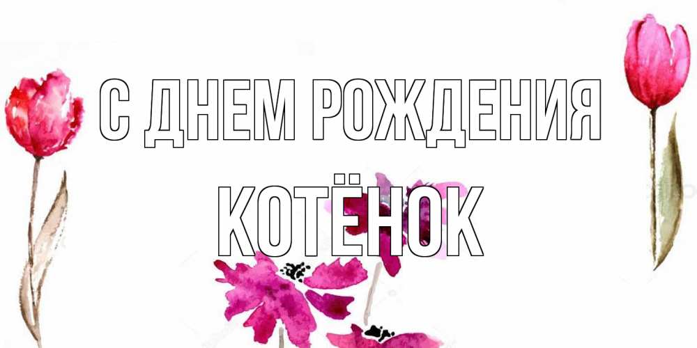 Открытка на каждый день с именем, Котёнок С днем рождения красные цветы нарисованные акварелью Прикольная открытка с пожеланием онлайн скачать бесплатно 