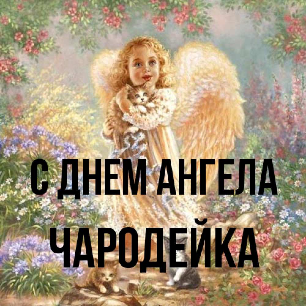 Открытка на каждый день с именем, Чародейка С днем ангела держит котенка Прикольная открытка с пожеланием онлайн скачать бесплатно 