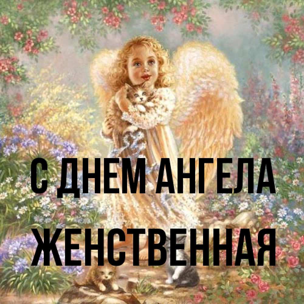 Открытка на каждый день с именем, женственная С днем ангела держит котенка Прикольная открытка с пожеланием онлайн скачать бесплатно 
