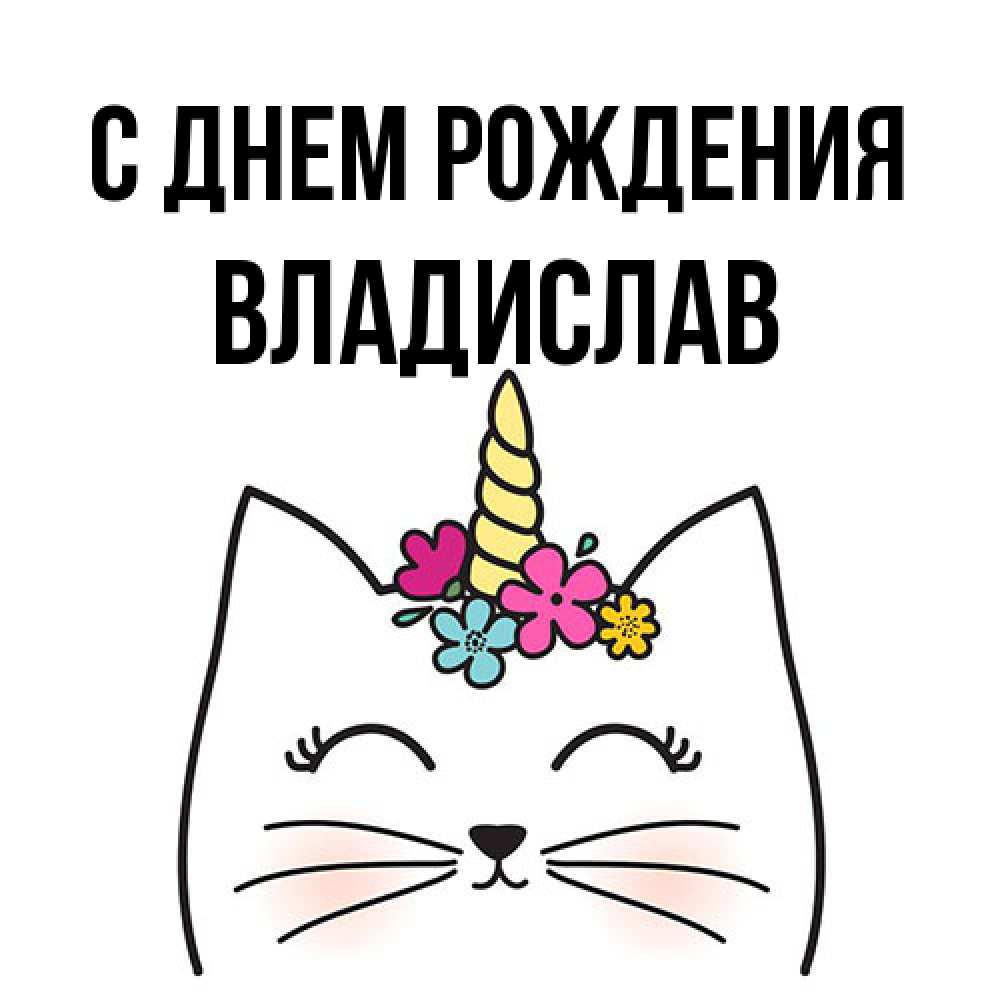 Открытка на каждый день с именем, Владислав С днем рождения милый кот с одним рожком Прикольная открытка с пожеланием онлайн скачать бесплатно 