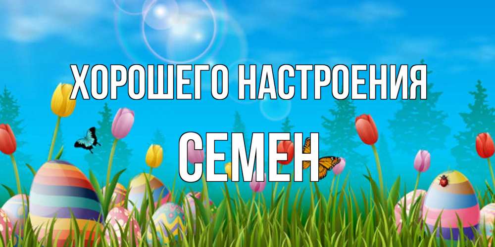 Открытка на каждый день с именем, Семен Хорошего настроения небо и тюльпаны с бабочкой Прикольная открытка с пожеланием онлайн скачать бесплатно 