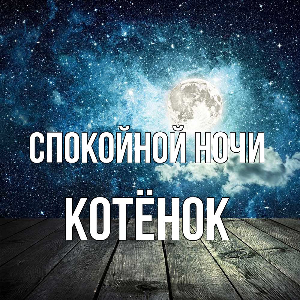 Открытка на каждый день с именем, Котёнок Спокойной ночи луна Прикольная открытка с пожеланием онлайн скачать бесплатно 