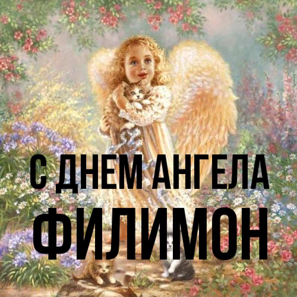 Открытка на каждый день с именем, Филимон С днем ангела держит котенка Прикольная открытка с пожеланием онлайн скачать бесплатно 