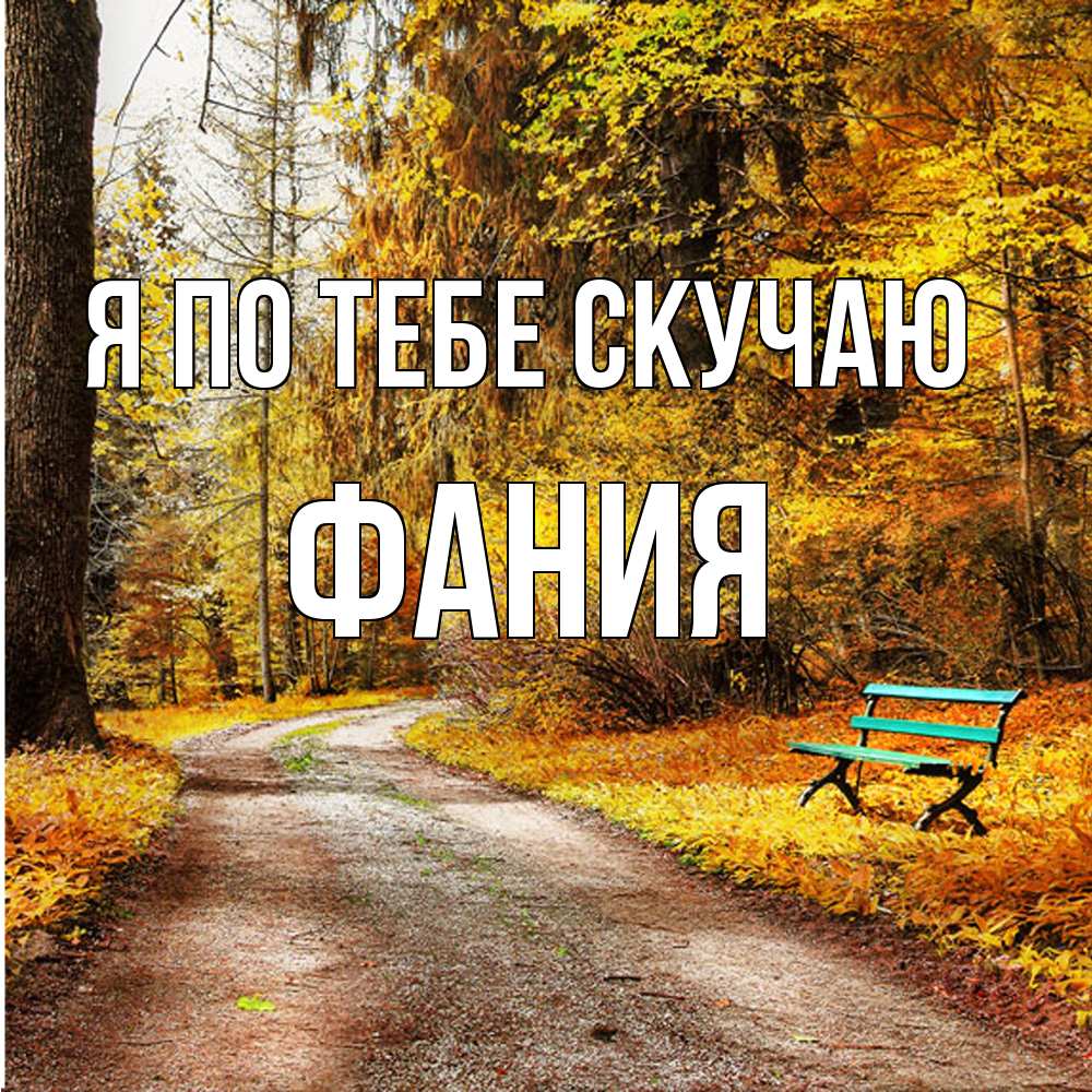 Открытка на каждый день с именем, Фания Я по тебе скучаю зеленая лавочка и осенний лес Прикольная открытка с пожеланием онлайн скачать бесплатно 