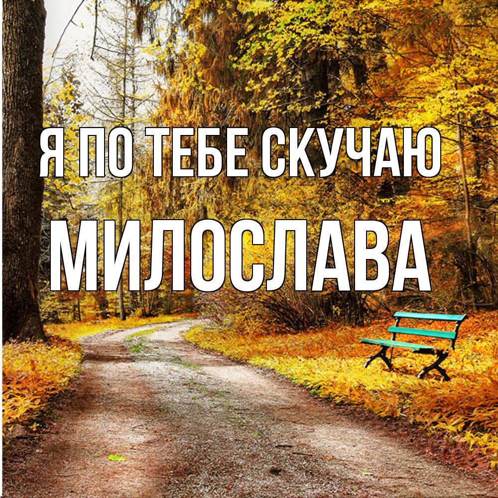 Открытка на каждый день с именем, Милослава Я по тебе скучаю зеленая лавочка и осенний лес Прикольная открытка с пожеланием онлайн скачать бесплатно 