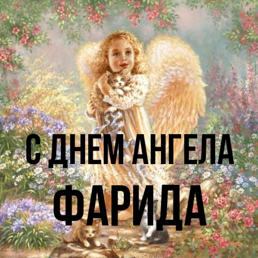 Открытка на каждый день с именем, Фарида С днем ангела держит котенка Прикольная открытка с пожеланием онлайн скачать бесплатно 