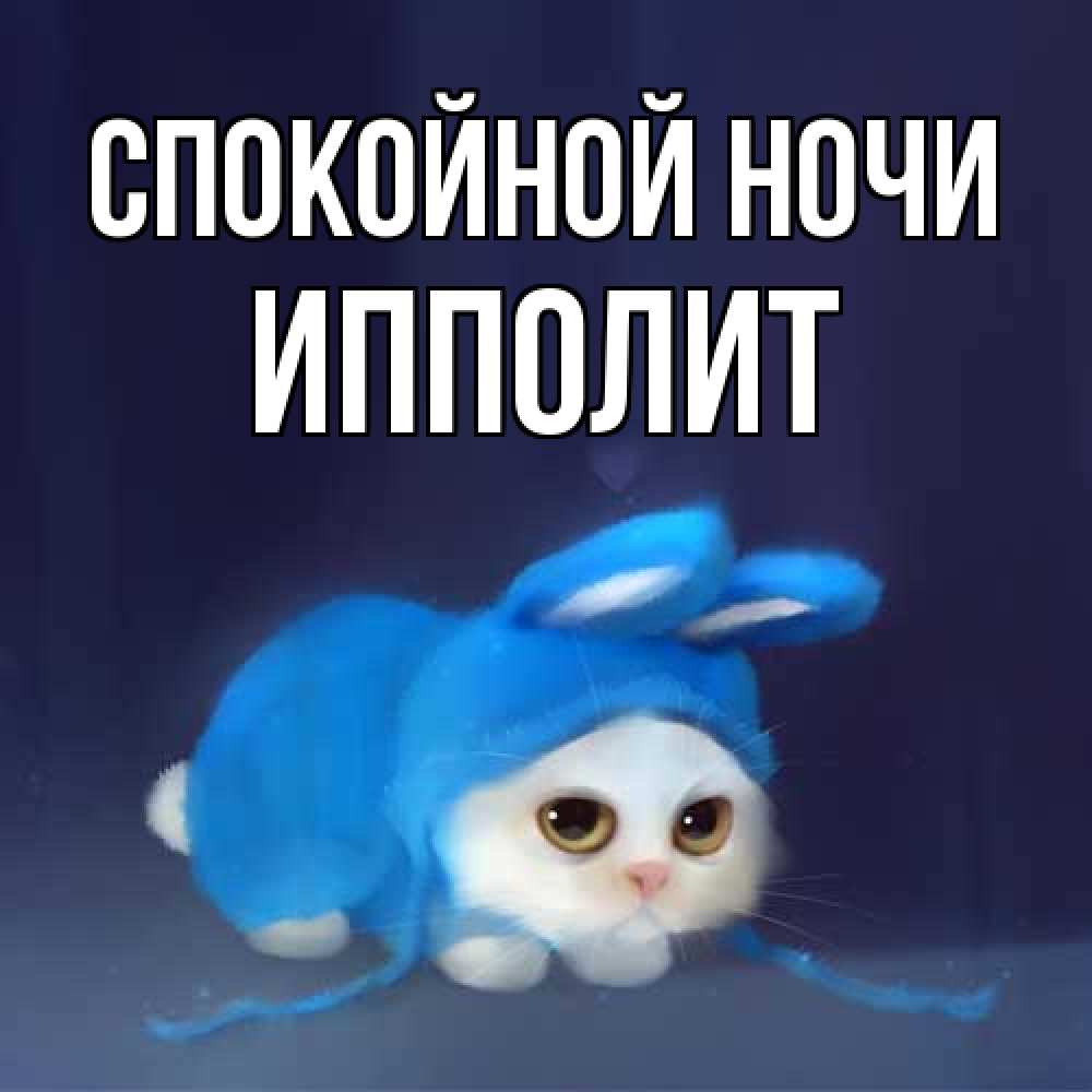 Открытка на каждый день с именем, Ипполит Спокойной ночи кот в голубом костюме кролика с ушками Прикольная открытка с пожеланием онлайн скачать бесплатно 