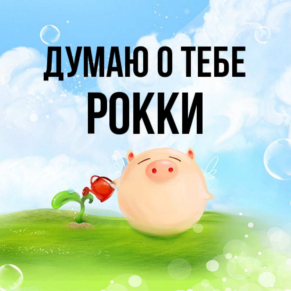 Открытка на каждый день с именем, Рокки Думаю о тебе позитивная свинюшка Прикольная открытка с пожеланием онлайн скачать бесплатно 