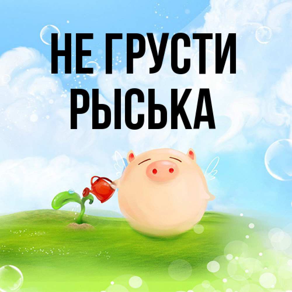 Открытка на каждый день с именем, Рыська Не грусти поливает цветок порося Прикольная открытка с пожеланием онлайн скачать бесплатно 