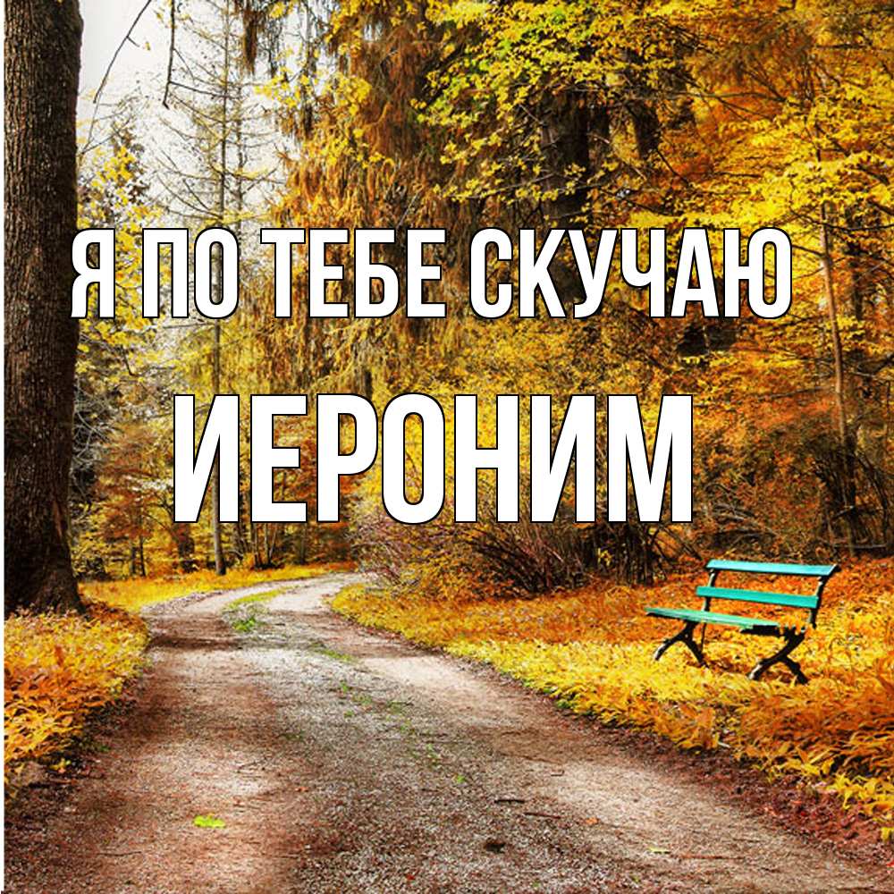 Открытка на каждый день с именем, Иероним Я по тебе скучаю зеленая лавочка и осенний лес Прикольная открытка с пожеланием онлайн скачать бесплатно 