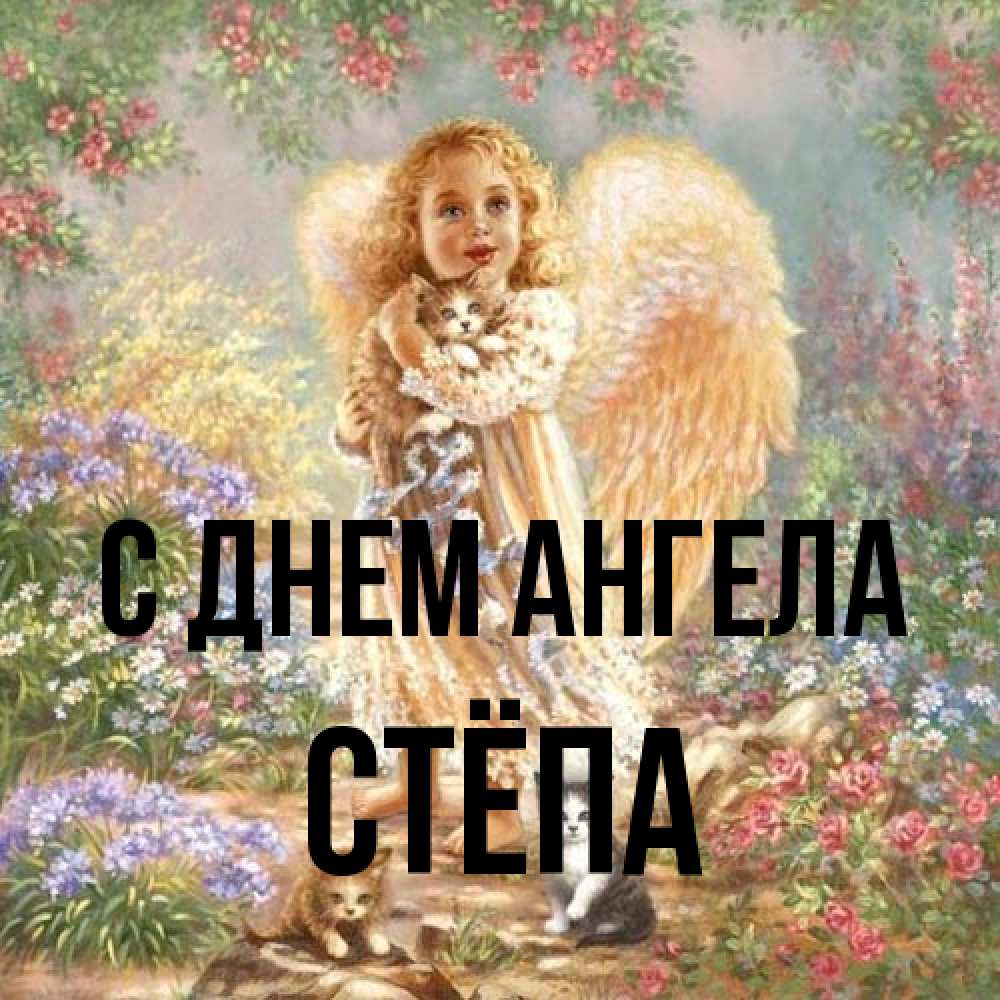 Открытка на каждый день с именем, Стёпа С днем ангела держит котенка Прикольная открытка с пожеланием онлайн скачать бесплатно 
