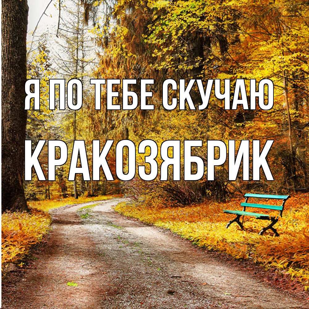 Открытка на каждый день с именем, Кракозябрик Я по тебе скучаю зеленая лавочка и осенний лес Прикольная открытка с пожеланием онлайн скачать бесплатно 