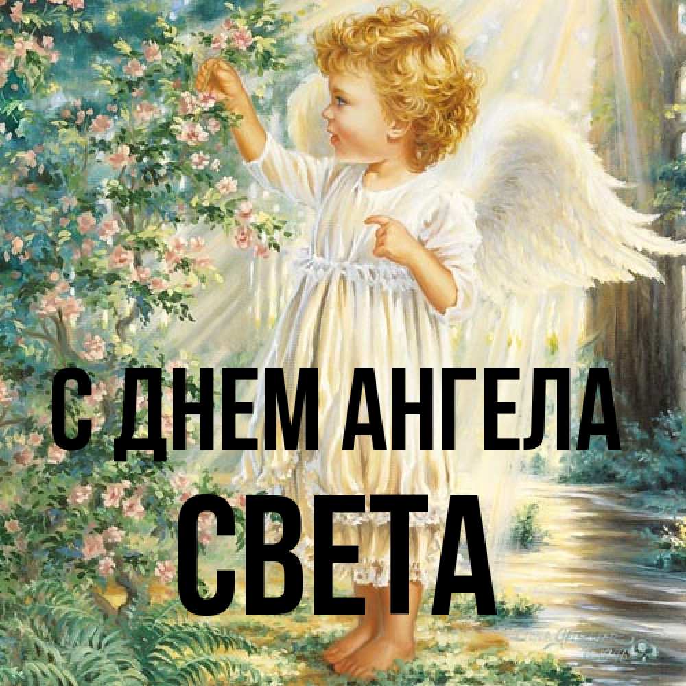 Открытка на каждый день с именем, Света С днем ангела собирает цветы Прикольная открытка с пожеланием онлайн скачать бесплатно 