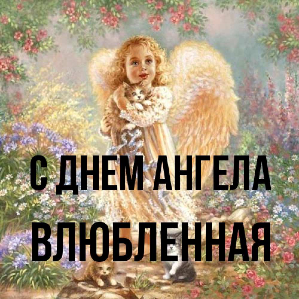 Открытка на каждый день с именем, Влюбленная С днем ангела держит котенка Прикольная открытка с пожеланием онлайн скачать бесплатно 