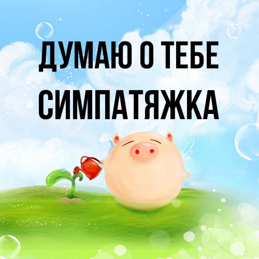 Открытка на каждый день с именем, Симпатяжка Думаю о тебе позитивная свинюшка Прикольная открытка с пожеланием онлайн скачать бесплатно 