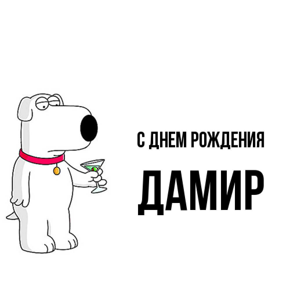 Открытка на каждый день с именем, Дамир С днем рождения песик с оливками Прикольная открытка с пожеланием онлайн скачать бесплатно 