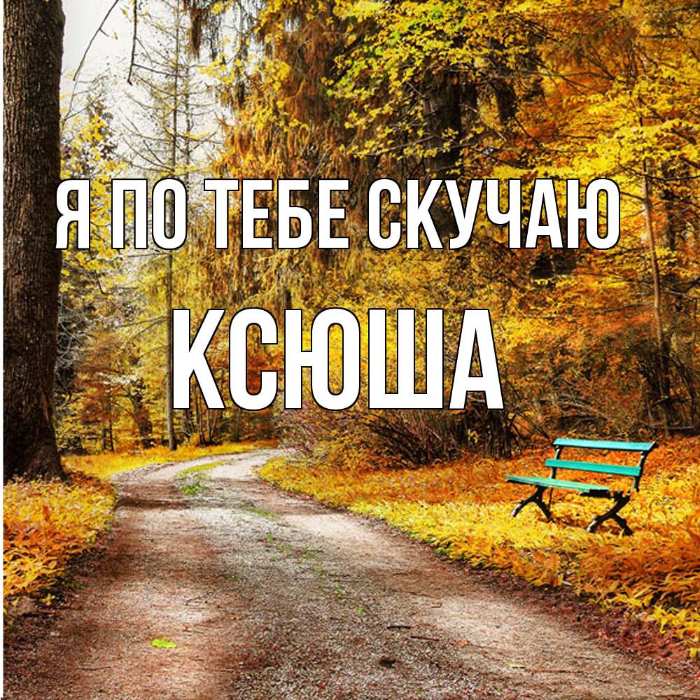 Открытка на каждый день с именем, Ксюша Я по тебе скучаю зеленая лавочка и осенний лес Прикольная открытка с пожеланием онлайн скачать бесплатно 