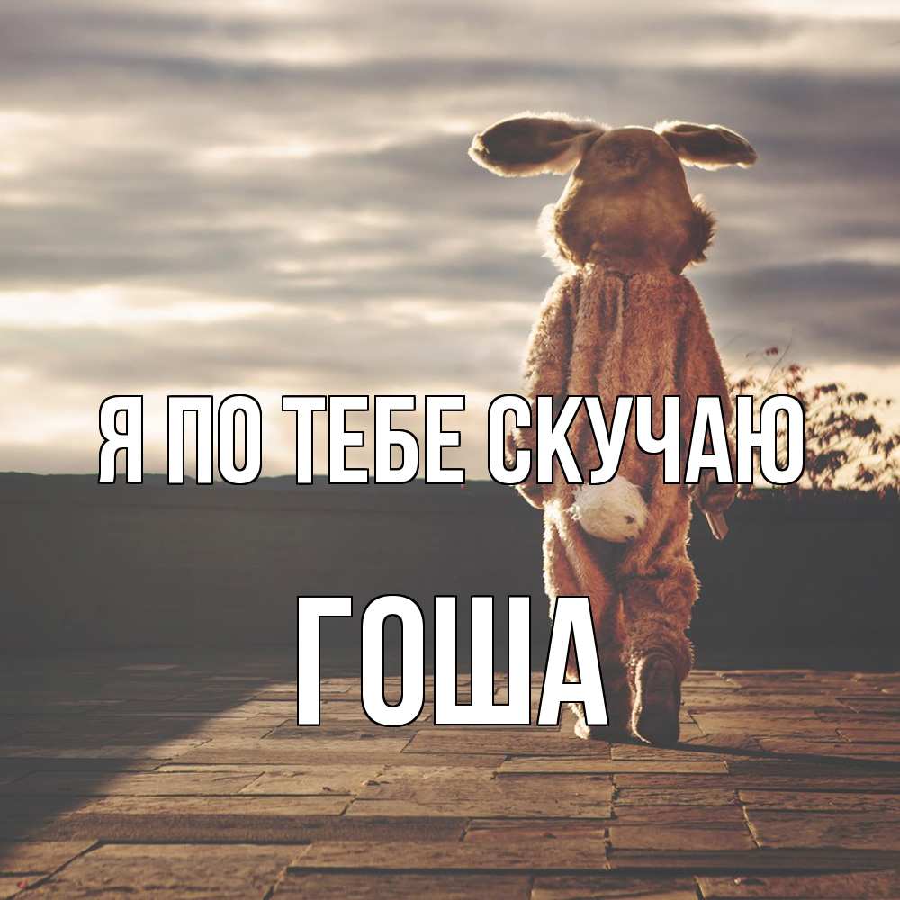 Открытка на каждый день с именем, Гоша Я по тебе скучаю даже в костюме зайца Прикольная открытка с пожеланием онлайн скачать бесплатно 