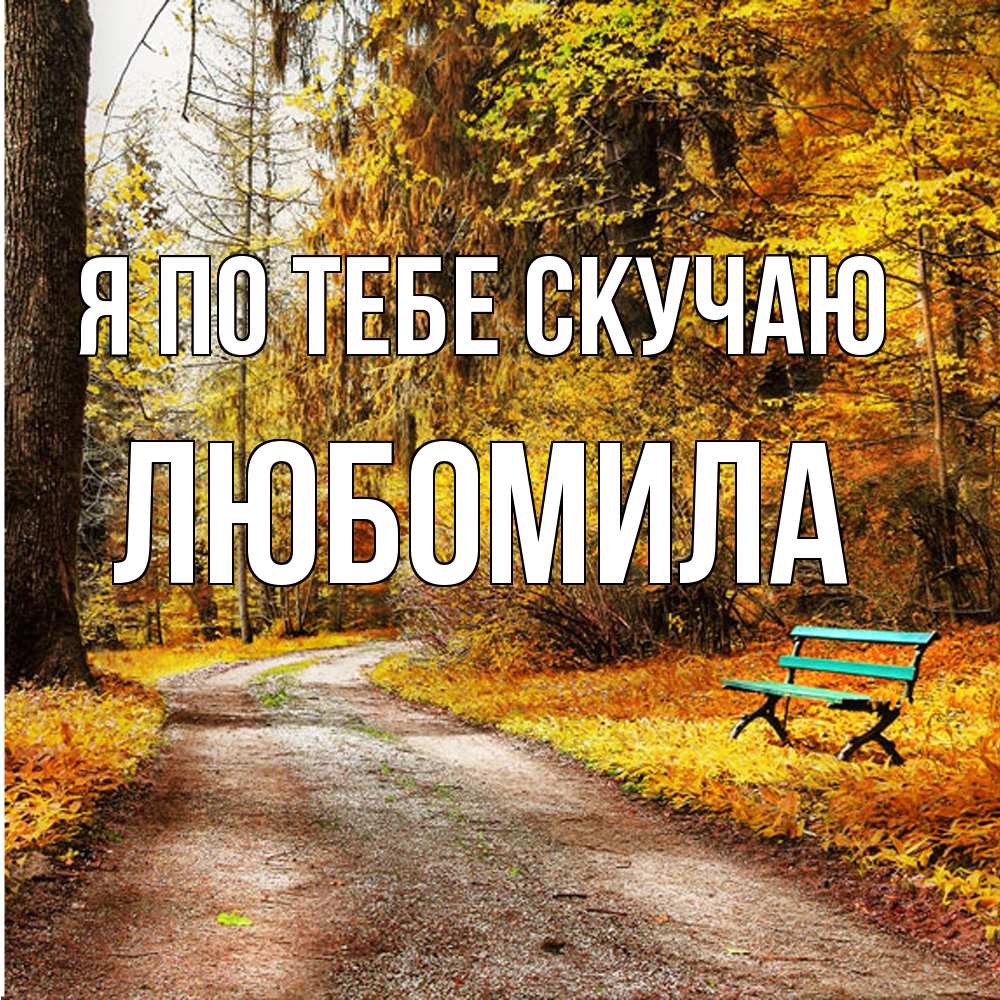 Открытка на каждый день с именем, Любомила Я по тебе скучаю зеленая лавочка и осенний лес Прикольная открытка с пожеланием онлайн скачать бесплатно 