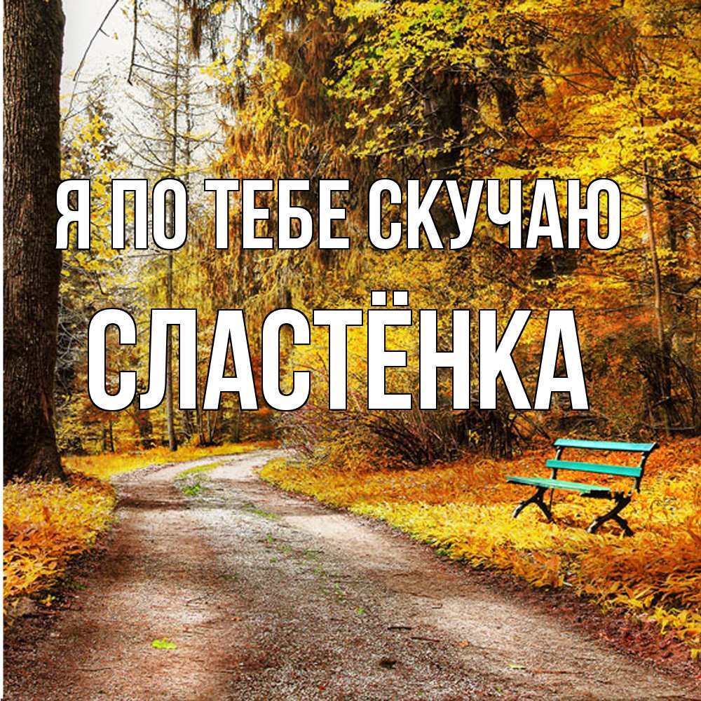 Открытка на каждый день с именем, Сластёнка Я по тебе скучаю зеленая лавочка и осенний лес Прикольная открытка с пожеланием онлайн скачать бесплатно 