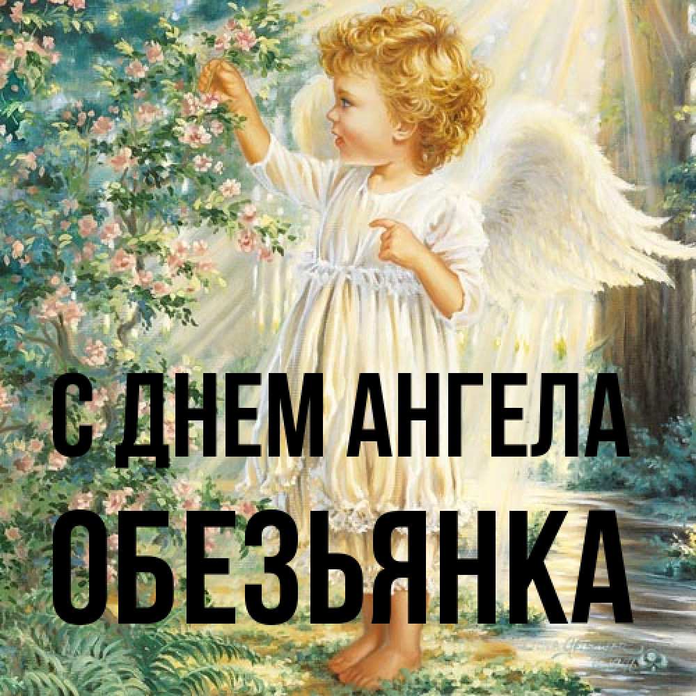 Открытка на каждый день с именем, Обезьянка С днем ангела собирает цветы Прикольная открытка с пожеланием онлайн скачать бесплатно 