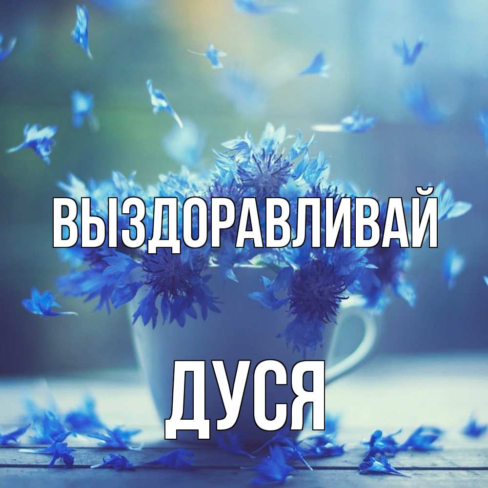 Открытка на каждый день с именем, Дуся Выздоравливай кружка с зельем и цветами Прикольная открытка с пожеланием онлайн скачать бесплатно 