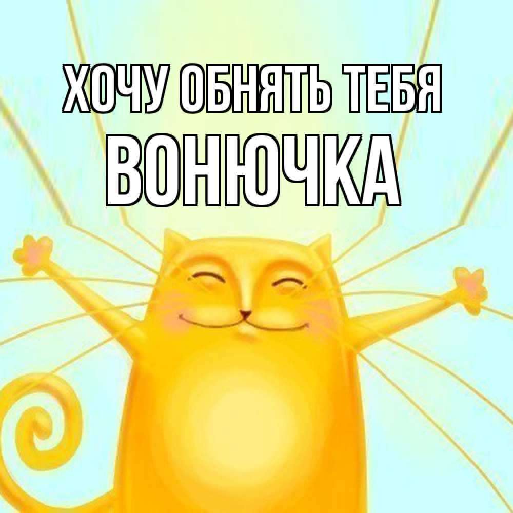 Открытка на каждый день с именем, Вонючка Хочу обнять тебя солнечный обнимашечный кот Прикольная открытка с пожеланием онлайн скачать бесплатно 