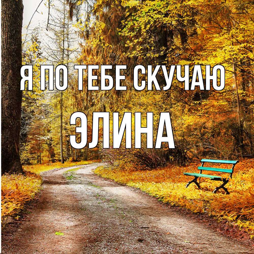 Открытка на каждый день с именем, Элина Я по тебе скучаю зеленая лавочка и осенний лес Прикольная открытка с пожеланием онлайн скачать бесплатно 