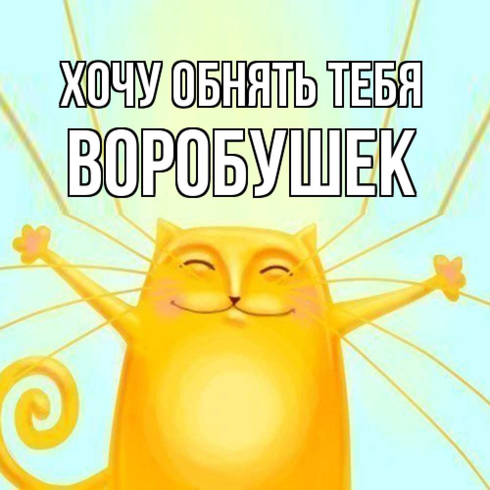 Открытка на каждый день с именем, Воробушек Хочу обнять тебя солнечный обнимашечный кот Прикольная открытка с пожеланием онлайн скачать бесплатно 
