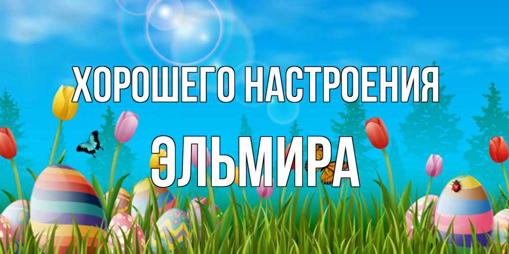 Открытка на каждый день с именем, Эльмира Хорошего настроения небо и тюльпаны с бабочкой Прикольная открытка с пожеланием онлайн скачать бесплатно 