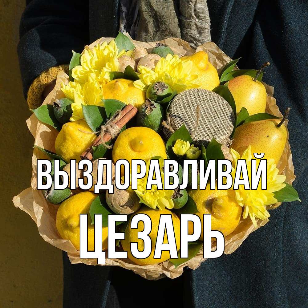 Открытка на каждый день с именем, Цезарь Выздоравливай букет витаминов Прикольная открытка с пожеланием онлайн скачать бесплатно 