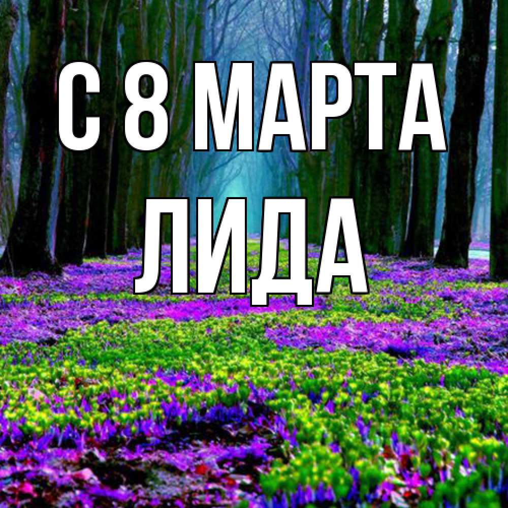 Открытка на каждый день с именем, Лида C 8 МАРТА фиолетовые цветы в лесу 1 Прикольная открытка с пожеланием онлайн скачать бесплатно 