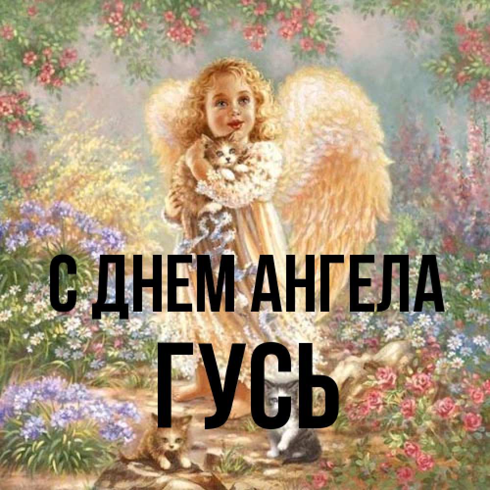 Открытка на каждый день с именем, Гусь С днем ангела держит котенка Прикольная открытка с пожеланием онлайн скачать бесплатно 