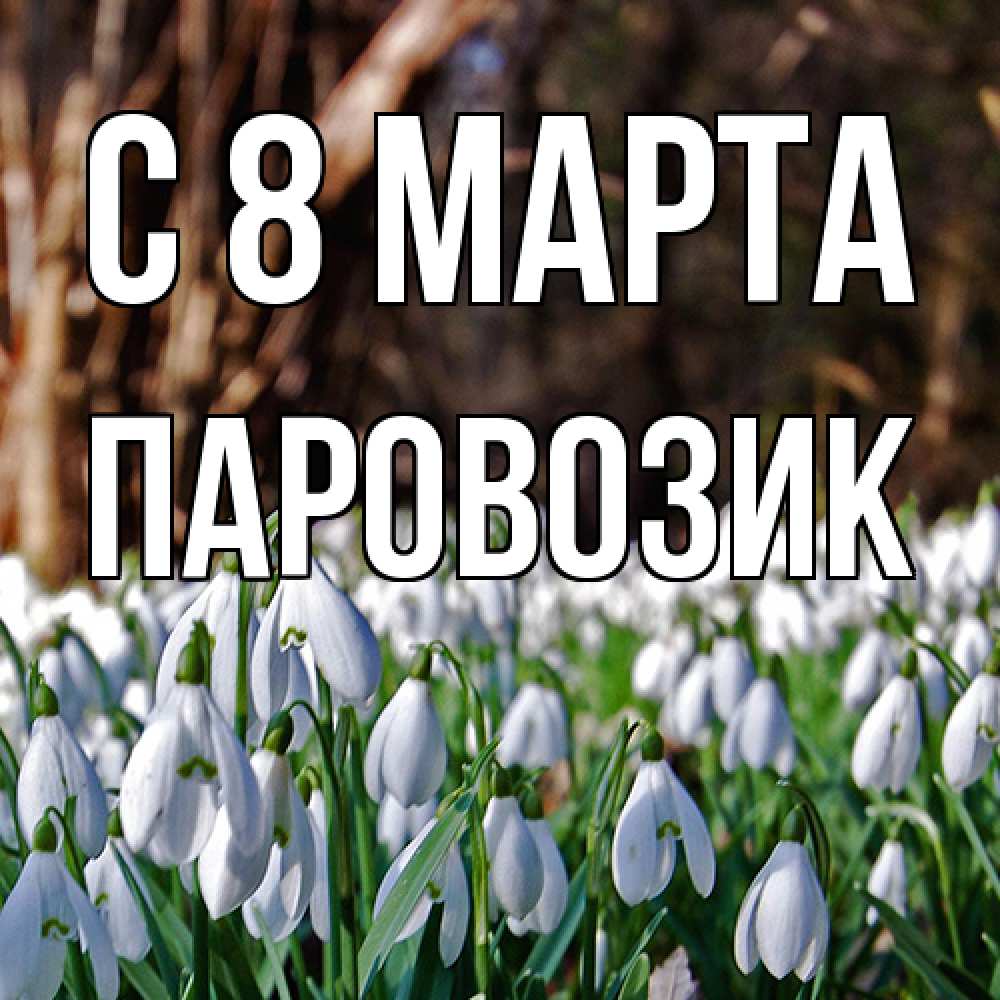 Открытка на каждый день с именем, паровозик C 8 МАРТА с подснежниками 1 Прикольная открытка с пожеланием онлайн скачать бесплатно 