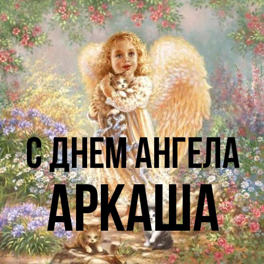 Открытка на каждый день с именем, Аркаша С днем ангела держит котенка Прикольная открытка с пожеланием онлайн скачать бесплатно 