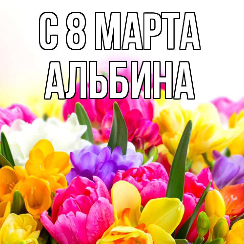 Открытка на каждый день с именем, Альбина C 8 МАРТА тюльпаны Прикольная открытка с пожеланием онлайн скачать бесплатно 