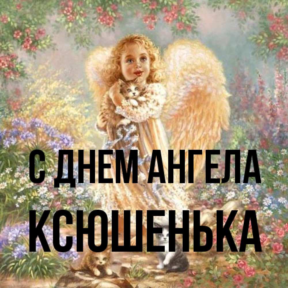 Открытка на каждый день с именем, Ксюшенька С днем ангела держит котенка Прикольная открытка с пожеланием онлайн скачать бесплатно 