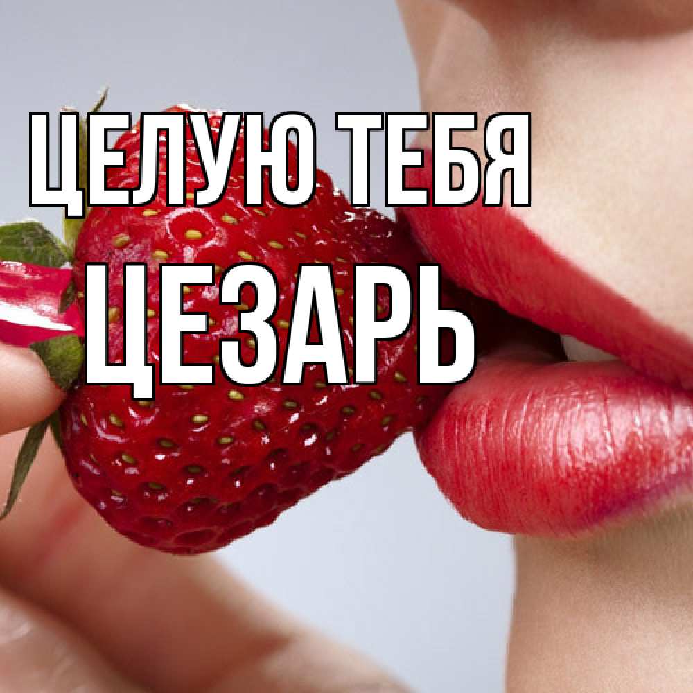 Открытка на каждый день с именем, Цезарь Целую тебя губки держат клубничку Прикольная открытка с пожеланием онлайн скачать бесплатно 