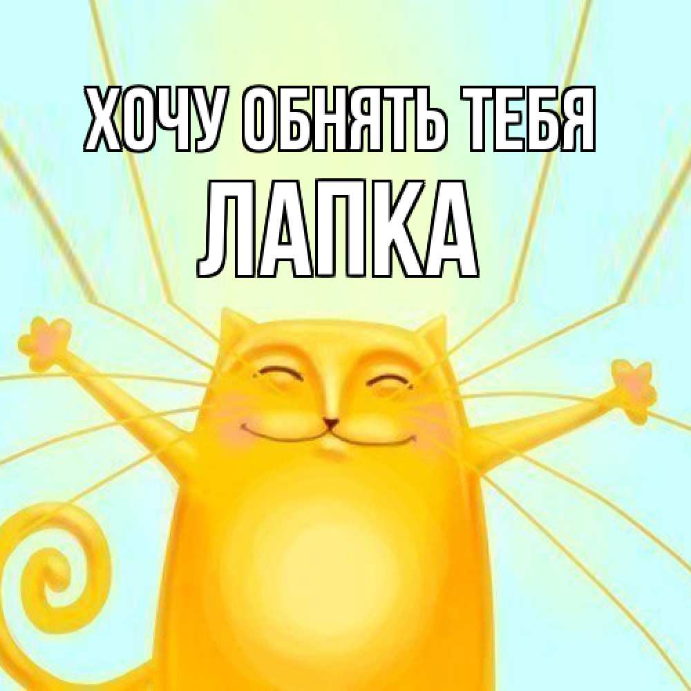 Открытка на каждый день с именем, лапка Хочу обнять тебя солнечный обнимашечный кот Прикольная открытка с пожеланием онлайн скачать бесплатно 