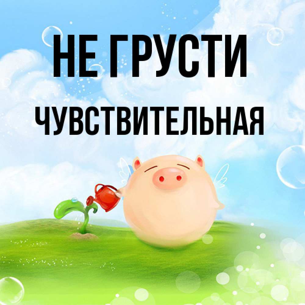 Открытка на каждый день с именем, Чувствительная Не грусти поливает цветок порося Прикольная открытка с пожеланием онлайн скачать бесплатно 