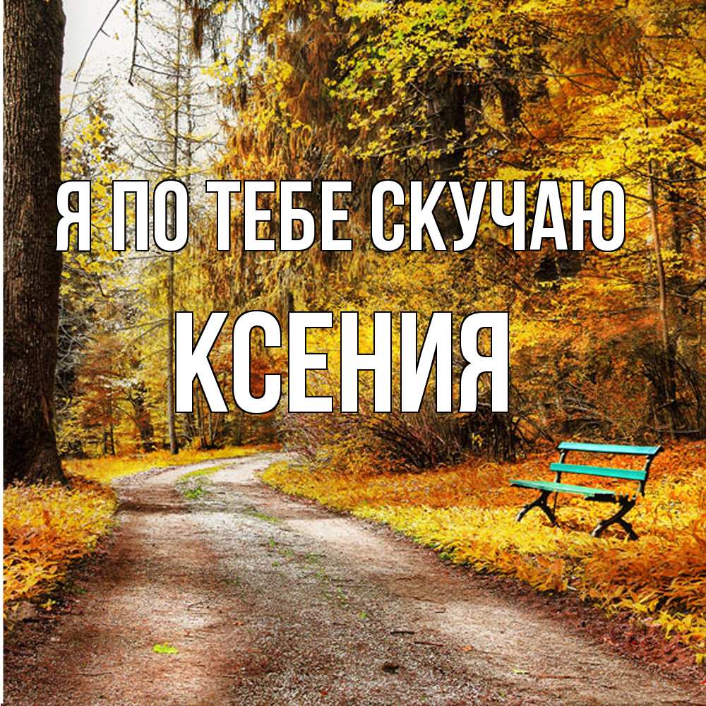Открытка на каждый день с именем, Ксения Я по тебе скучаю зеленая лавочка и осенний лес Прикольная открытка с пожеланием онлайн скачать бесплатно 