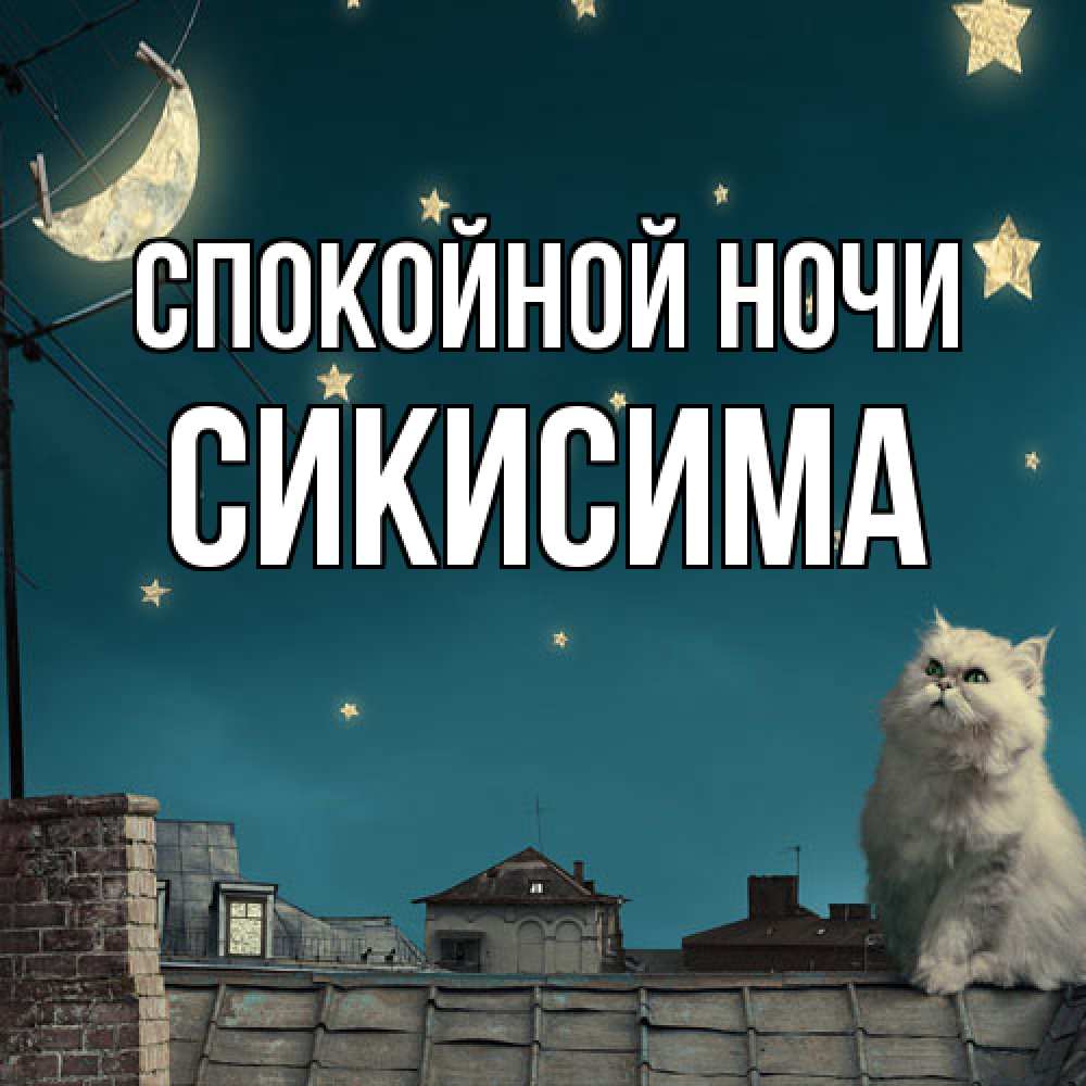 Открытка на каждый день с именем, Сикисима Спокойной ночи белый кот сидит на крыше Прикольная открытка с пожеланием онлайн скачать бесплатно 