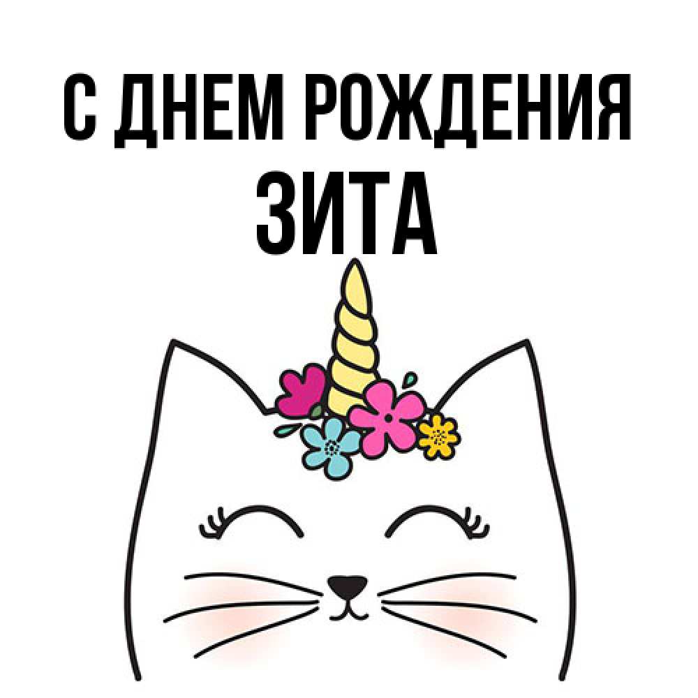 Открытка на каждый день с именем, Зита С днем рождения милый кот с одним рожком Прикольная открытка с пожеланием онлайн скачать бесплатно 